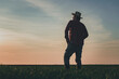 © Bits and Splits - Rear view of satisfied farmer in wheatgrass field