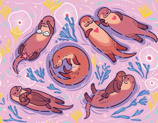 Wall Mural - Cute lovely sea otters vector pattern