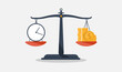 Time is money vector illustration. Weight scale with clock and coins. Whats the value of your time concept.