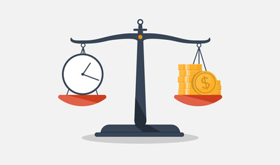Wall Mural - time is money vector illustration. weight scale with clock and coins. whats the value of your time c
