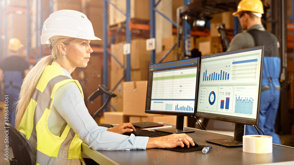 Professional Female Worker Wearing Hard Hat Uses Computer with Inventory Status Checking and Delivery Software in the Retail Warehouse full of Shelves with Goods. Delivery, Distribution Center  - obrazy, fototapety, plakaty 