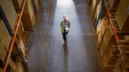 Wall Mural - Top-Down View: Worker Wearing Hard Hat Checks Stock and Inventory Using Digital Tablet Computer in the Retail Warehouse full of Shelves with Goods. Working in Logistics, Distribution 