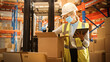 © Gorodenkoff - Female Warehouse Inventory Manager Wearing Face Mask for Safety, Using Digital Tablet Computer, Checking Cardboard Boxes. Delivery Distribution Center with Goods, Products Ready for Shipment