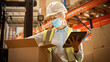 © Gorodenkoff - Female Warehouse Inventory Manager Wearing Face Mask for Safety, Using Digital Tablet Computer, Checking Cardboard Boxes. Delivery Distribution Center with Goods, Products Ready for Shipment
