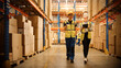 © Gorodenkoff - Retail Warehouse full of Shelves with Goods in Cardboard Boxes, Male Worker and Female Supervisor Holding Digital Tablet Discuss Product Delivery while Scanning Packages. Distribution Logistics Center