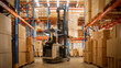 © Gorodenkoff - In Warehouse Shot of Blurred Forklift Driving with Pallets Moving Cardboard Boxes with Products from Shelves. Logistics Distribution Center with Products Ready for Global Shipment, Customer Delivery.
