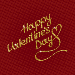 Wall Mural - Happy Valentine's day lettering of golden sparkles on red background with hearts. Greeting card template.