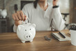 © Looker_Studio - smart Asian female hand putting money coin into piggy for saving money wealth and financial concept.