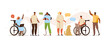 Disabled Diversity People Working Together. Handicapped Characters and Persons in Wheelchairs using Smartphones, Laptops and Communicating. Flat Cartoon Vector Illustration.