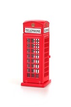 The Famous English Red Telephone Box. Miniature Layout Isolated On A White Background