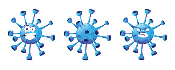 Coronavirus blue bacteria angry and smiling emoticon isolated icons set. Vector covid-2019 cell icon, 2019-nCoV. No infection and stop coronavirus concept. Dangerous pandemic virus pathogen, biohazard