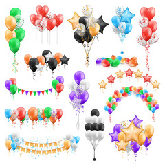 Bunches of color glossy balloons isolated set. Vector compositions of colorful air garlands, star and ball shaped party decorations. Helium balloon with confetti, birthday, anniversary wedding decor