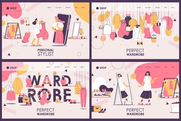 Landing page templates for personal stylist, fashion and wardrobe and style choice in pink and yellow, drawn with outline. Fashion characters with mirror and hangers