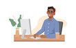 © Sensvector - Call center, afro american guy operator smiles in headphones with microphone and type on keyboard. Vector online customer service support center, worker sitting at table and communicating via computer