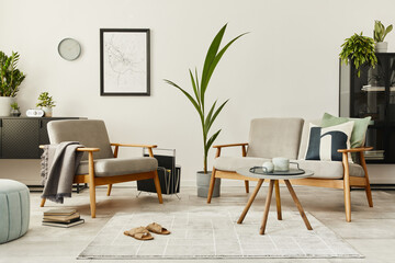 Modern retro concept of home interior with design sofa, armchair, coffee table, plants, mock up poster map, carpet and personal accessoreis. Stylish home decor of living room.