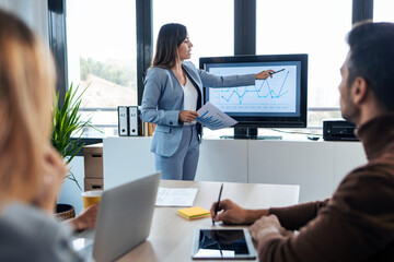 Wall Mural - Elegant smart businesswoman explaining a project to his colleagues with statistics on the computer on coworking place.