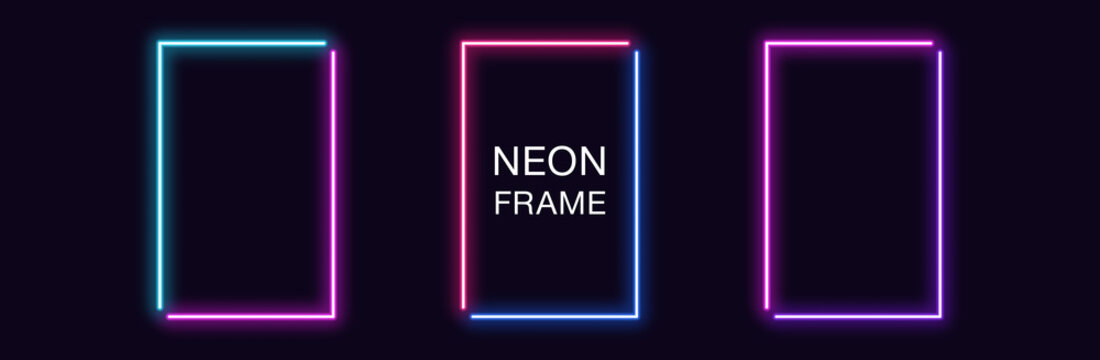 Neon rectangle Frame. Set of rectangular neon Border in 2 angular parts. Geometric shape