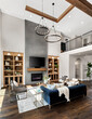 © Cavan Images - Living room in new luxury home with floor to ceiling fireplace