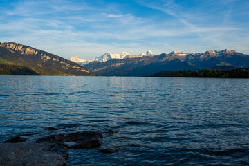 Wall Mural - view of the lake with swiss alps mountains in background in autumn