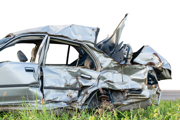 Wall Mural - Silver modern car get serious damage by accident. Isolated on white. Save with clipping path