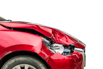 right front of red modern car got damaged by accident. isolated on white background. for advertising