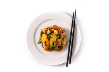 Wall Mural - Stir fry chicken with vegetables on plate isolated on white background