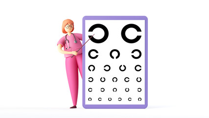 Wall Mural - 3d render, cartoon character woman doctor wears pink uniform and glasses. Eye test, vision check up. Medical clip art isolated on white background.