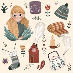 Cozy collection for a cozy winter. Character, kettle, house, socks, fur hat, candle, scandinavian patterns. Digital hand drawn illustration