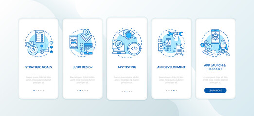 Mobile app development process onboarding mobile app page screen with concepts. App testing process walkthrough 5 steps graphic instructions. UI vector template with RGB color illustrations