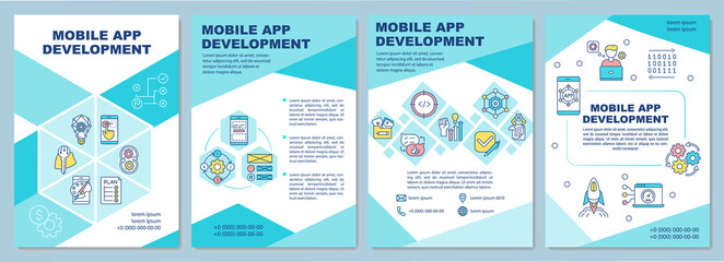 Mobile app development brochure template. UI UX. Software programming. Flyer, booklet, leaflet print, cover design with linear icons. Vector layouts for magazines, annual reports, advertising posters