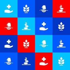 Sticker - Set Cross hospital medical, Plant, Massage and Stack hot stones icon. Vector.