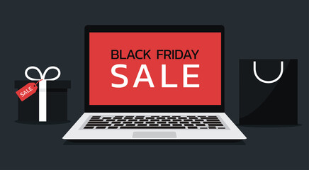 Wall Mural - Black Friday online sale web banner concept on laptop computer screen with shopping bag and gift box, Seasonal e-commerce, vector flat illustration