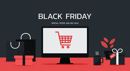 Wall Mural - Black Friday online promotion sale web banner concept on computer screen with shopping bags, gift boxes, and shopping cart icon, Seasonal e-commerce, vector flat illustration