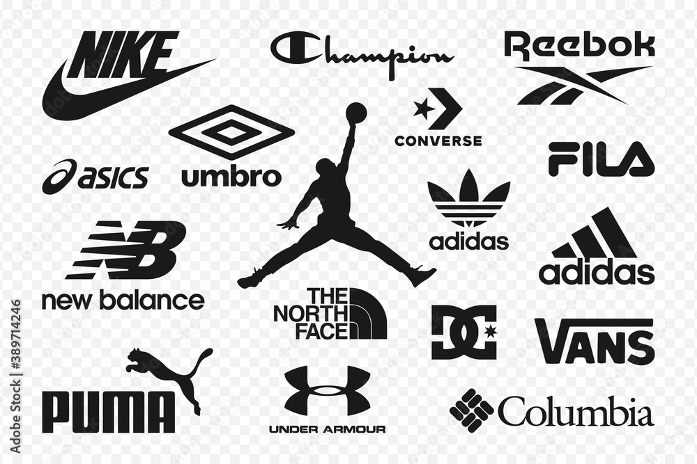 Top clothing brands logos. Set of most popular logo NIKE Adidas Reebok Puma New Balance Under Armour The North Face Jordan Columbia Converse Vans Asics and others. Editorial