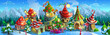 Christmas.  panorama of  fairytale village with colorful houses and a mill. Vector illustration for design.