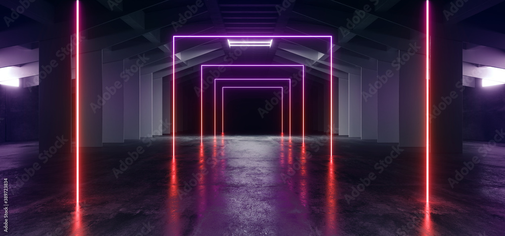 Neon Laser Electric Glowing Purple Red Blue Lights In Sci Fi Futuristic Warehouse Cement Concrete  Tunnel Corridor  Alien Spaceship 3D Rendering - obrazy, fototapety, plakaty 