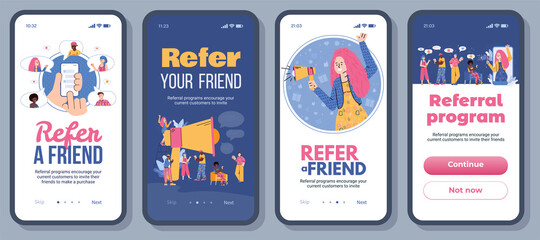 Referral program thematic set of onboarding screens with cartoon people characters, flat vector illustration. Swapping mobile pages for promotion of referral campaign.