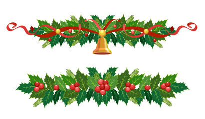 Christmas garland clipart. Vector border, decoration for holiday cards, invitations, banners. Holly leaves, bell, berries, poinsettia isolated on a white background. Christmas star plant with ribbon.