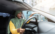 Trafic Stress. Annoyed Black Muslim Woman Complaining About Something While Driving Car