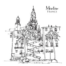 Drawing Sketch Illustration Of Menton, A Town In Southeast France