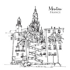 Wall Mural - Drawing sketch illustration of Menton, a town in southeast France