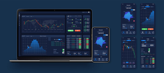 Leinwandbilder - Trading candlestick chart on electronic devices vector illustration. Stock exchange market graph, analysis UI, UX on smartphone, desktop and tablet. Forex market. Binary option. App screen for trading