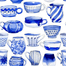 Blue Tea Cups Watercolor Pattern. Seamless Pattern On White Background.