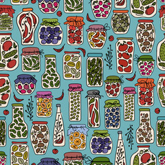 Poster - Seamless pattern with pickle jars fruits and vegetables