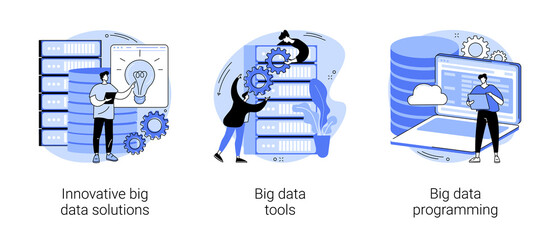 Big data business software abstract concept vector illustration set. Innovative big data solutions, tools and programming, information visualization, analytics platform, open source abstract metaphor.
