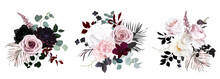 Dusty Pink, Pastel, Black Flowers Vector Design Bouquets.