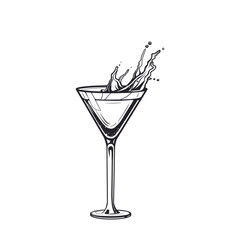 Cocktail daiquiri splash drink glass hand drawn engraving vector illustration. Alcoholic isolated black and white vintage style drink. 