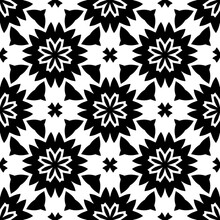 Black, White Floral Pattern, Geometric Wallpaper , Seamless Texture With Flat Ornament, Decorative Illustration With Simple Elemets