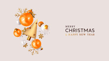 Merry Christmas And Happy New Year. Xmas Festive Background With Realistic 3d Objects, Orange And White Bauble Balls, Conical Metal Christmas Tree Gold Snowflake. Levitation Falling Design Composition