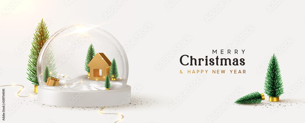 Happy New Year and Merry Christmas banner. Xmas Snowball with trees and house. Glass snow globe realistic 3d design. Festive Christmas object. vector illustration - obrazy, fototapety, plakaty 